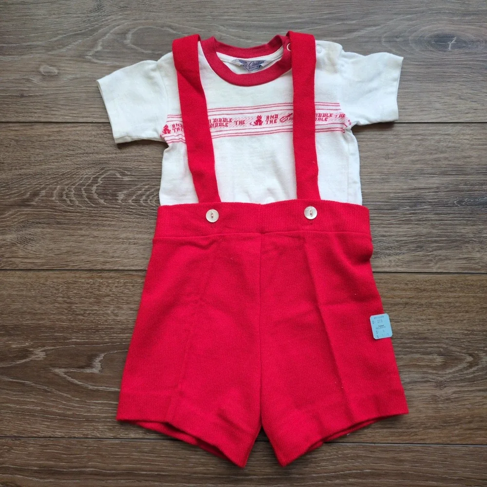 NOS Vtg 60s Red Overalls Romper + Carter's Nursery Rhyme Cat Shirt Infant Shorts